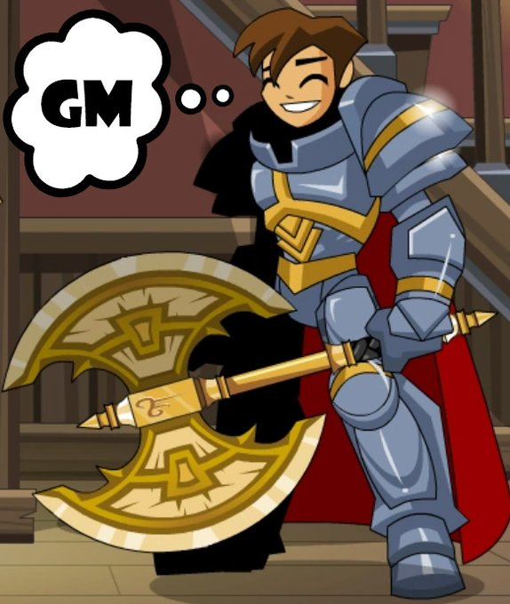 A cartoon illustration of a knight in blue and gold armor holding a large ornate golden battle axe, smiling with a thought bubble displaying 'GM' (good morning), set against a wooden interior background.