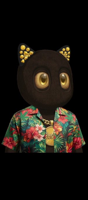 A 3D-rendered black cat character with glowing gold-studded ears wears a colorful floral Hawaiian shirt and a gold 'FOS' pendant against a black background.