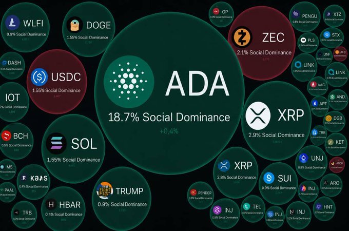 A bubble chart displays cryptocurrency social dominance rankings, with Cardano (ADA) dominating the visualization at 18.7% social dominance (+0.4%), significantly larger than competitors like XRP (2.9%), ZEC (2.1%), and USDC (1.55%), supporting the claim that Cardano is the most discussed cryptocurrency among major projects. The visual hierarchy reinforces the post's message about whales and the crypto community being notably bullish on ADA.
