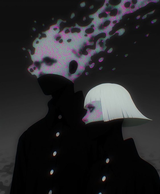 A stylized, dark digital artwork shows two silhouetted figures, one wearing a bright white bob wig, with colorful static-like patterns floating above them.