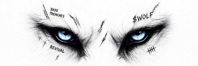 A close-up illustration of piercing wolf eyes surrounded by text including "Base Trenches," "Revival," and "$WOLF," matching the post's reference to a potential $WOLF airdrop on the Base chain. The fierce wolf imagery symbolizes the watchful anticipation of airdrop hunters waiting for the rumored drop.