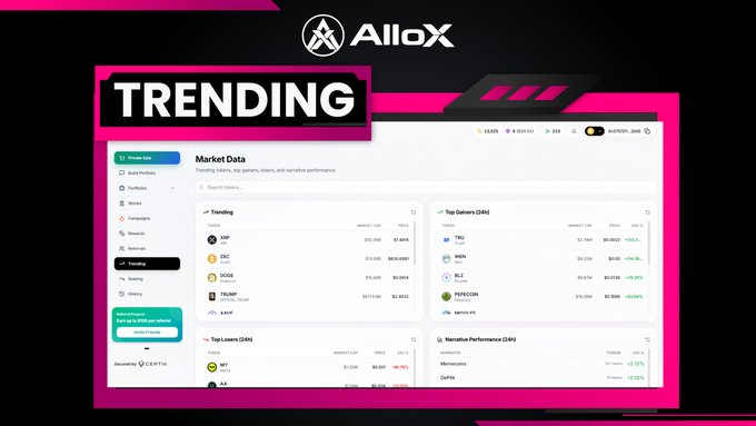 A promotional graphic for "AlloX" cryptocurrency exchange displays a "TRENDING" market data dashboard featuring tickers like XRP, TRUMP, DOGE, SHIB, PEPE, and WIF.