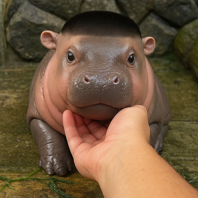 An adorable pygmy hippo rests its chin gently on a person's hand, gazing soulfully at the camera—its sweet expression perfectly matching the heartfelt "I know you really miss me" caption referencing Moo Deng, the famous baby hippo who has charmed fans online. The hashtag #moodengeth ties the tender moment to the viral crypto community inspired by the beloved animal.