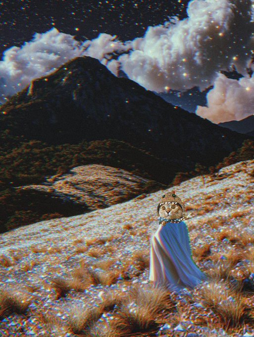 Surreal digital artwork of a tiger-headed figure draped in a flowing white garment standing in a grassy field beneath a starry night sky with mountains.