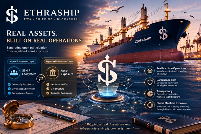 A promotional banner for 'ETHRASHIP' ($SHIP) featuring a cargo ship and explaining their RWA (Real World Assets) shipping and blockchain ecosystem with Open Ecosystem and Regulated Investment layers.