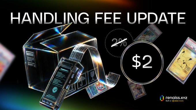 A promotional banner titled 'HANDLING FEE UPDATE' from renasiss.xyz, announcing a reduced fee of 2% or $2, featuring images of graded Pokémon cards and trading card accessories.