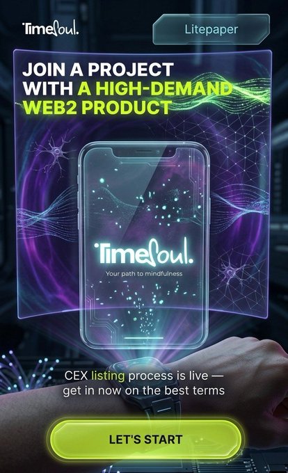 Promotional graphic for 'TimeSoul' with text reading 'JOIN A PROJECT WITH A HIGH-DEMAND WEB2 PRODUCT' and 'CEX listing process is live — get in now on the best terms,' featuring a phone displaying the TimeSoul logo.