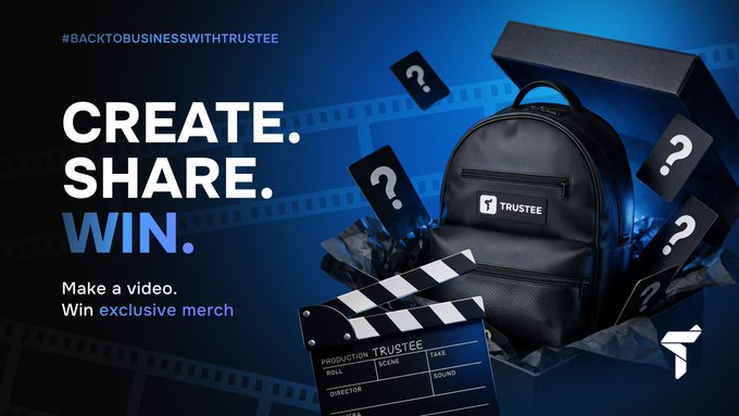 Trustee promotional graphic with the hashtag #BACKTOBUSINESSWITHTRUSTEE, reading 'CREATE. SHARE. WIN. Make a video. Win exclusive merch,' featuring a Trustee branded backpack, clapperboard, and floating question marks on a blue film strip background.