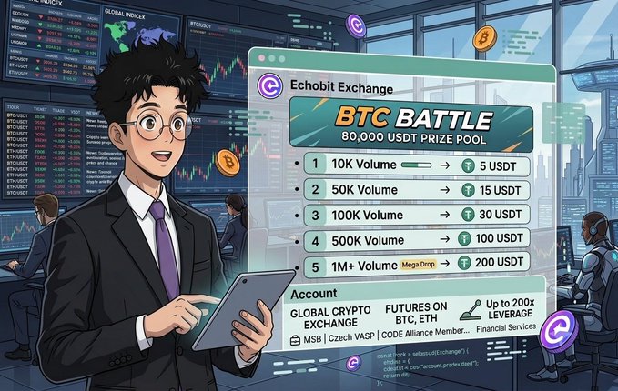 Echobit Exchange promotional graphic advertising a 'BTC BATTLE' with an 80,000 USDT prize pool and tiered volume rewards, featuring a cartoon man with a tablet.