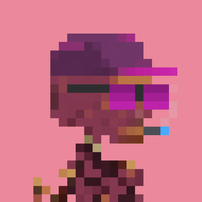 Pixel art portrait of a stylized character wearing a purple beanie and visor on a pink background.