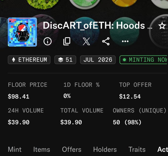 A screenshot of an NFT collection called "DiscART_ofETH: Hoods..." on Ethereum blockchain, showing 51 items, a floor price of $98.41, and 50 unique owners, currently minting.