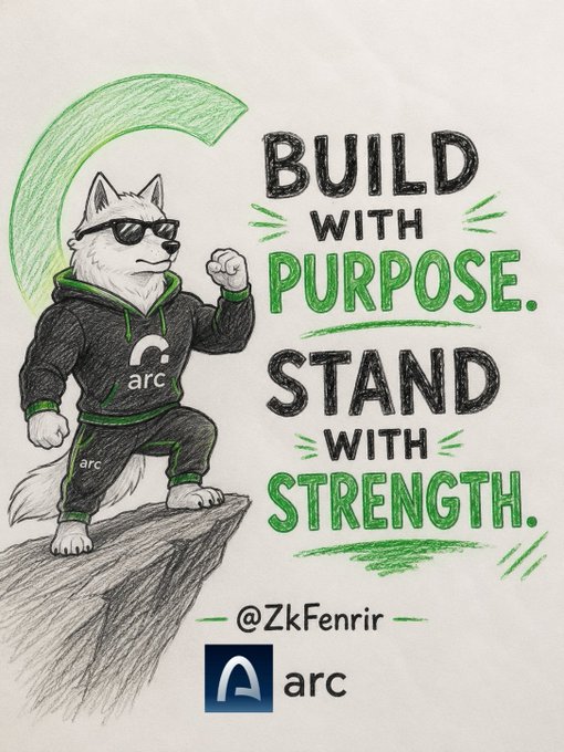 A hand-drawn illustration of a wolf character wearing sunglasses and an 'arc' branded hoodie stands on a cliff, alongside the text 'BUILD with PURPOSE. STAND with STRENGTH.' and '@ZkFenrir' with the Arc Network logo.