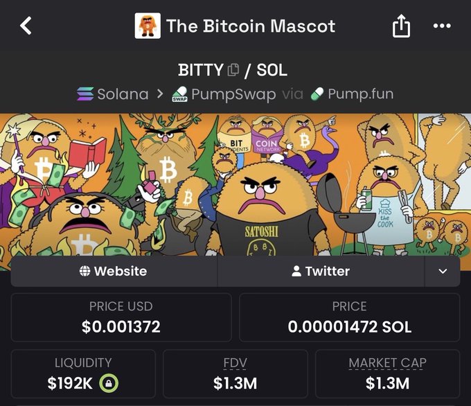 A cryptocurrency listing page for 'The Bitcoin Mascot' (BITTY/SOL) on Solana via PumpSwap, showing a price of $0.001372 USD and featuring Simpsons-style cartoon characters.