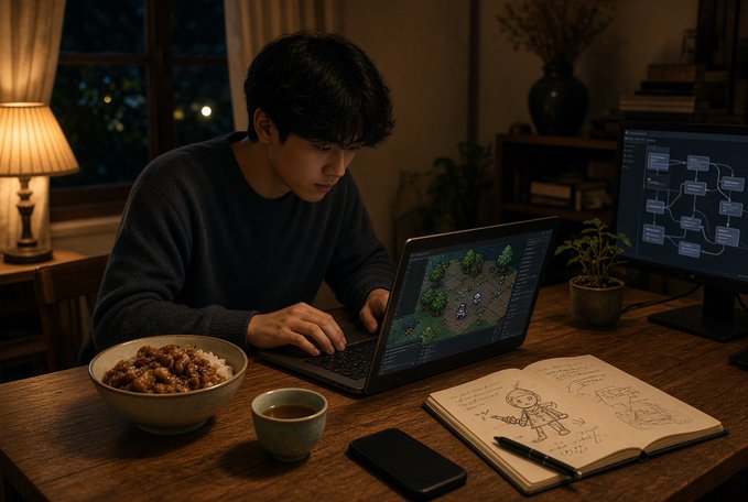 A young man working on a laptop displaying a game development scene in a warmly lit room, with a bowl of rice and meat, a sketchbook, and a monitor showing a flowchart on the desk.