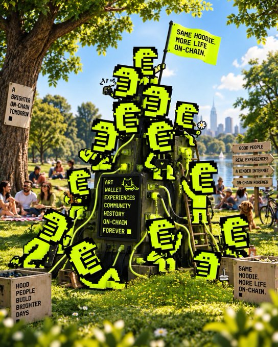A vibrant collage-style promotional image features a tree wrapped in green pixel-art lettering, surrounded by people in a park setting, with text blocks reading 'SAME HOODIE. MORE LIFE ON-CHAIN.', 'GOOD PEOPLE REAL EXPERIENCES A KINDER INTERNET ON-CHAIN FOREVER', and 'ART WALLET EXPERIENCES COMMUNITY HISTORY ON-CHAIN FOREVER'.