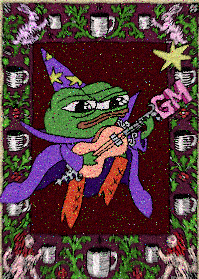 A pixel art depiction of Pepe the Frog dressed as a wizard playing a pink 'GM' guitar, surrounded by a border of coffee mugs.
