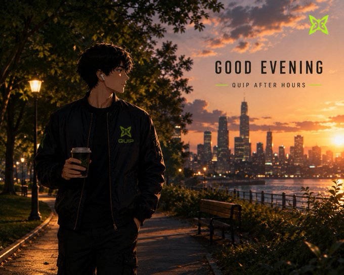 An anime-style illustration of a young man wearing a black 'QUIP' bomber jacket holding a coffee cup at sunset, with a city skyline in the background and text reading 'GOOD EVENING - QUIP AFTER HOURS'.