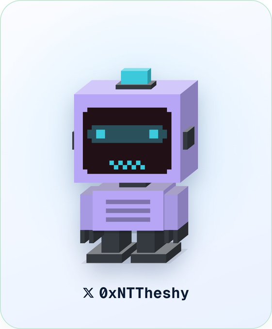 A 3D voxel-style illustration of a purple and gray robot with a glowing cyan visor and mouth, accompanied by the handle '✕ 0xNTTheshy' at the bottom.