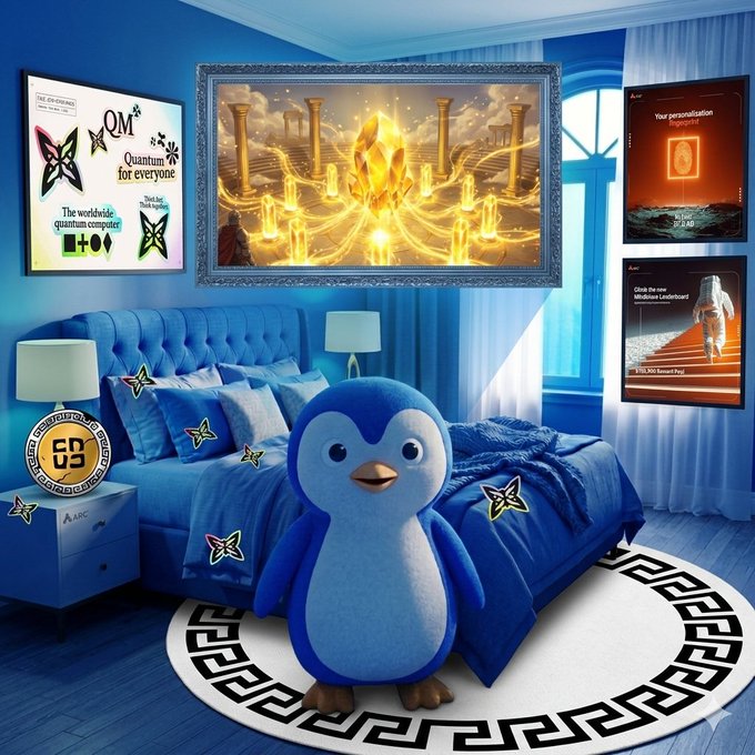A blue bedroom scene features a plush penguin standing on a Greek key-patterned rug, surrounded by quantum computing posters displaying "QM Quantum for everyone" and "The worldwide quantum computer," alongside a large central artwork of a glowing crystal among ancient columns, with additional panels showing "Your personalization footprint" and "Arc" branding—visually echoing the post's theme of foundational, behind-the-scenes technology infrastructure quietly building the rails for the future.