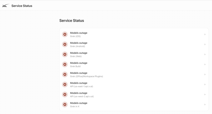 The image shows the xAI Service Status page displaying multiple "Models outage" alerts across various Grok services (iOS, Android, Web, Build, Office/Workspace Plugins, and APIs), humorously referenced in the post as an "oops" moment for Elon Musk's Grok chatbot experiencing widespread outages.