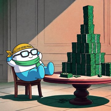 An illustration of a relaxed cartoon character wearing a yellow headband that reads 'STOP BEING POOR' sitting next to a large pyramid of stacked cash on a table.