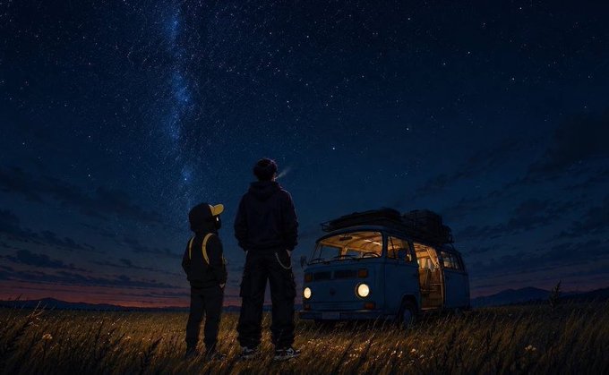 An anime-style digital artwork showing two figures and a vintage Volkswagen van looking out at a vast, starry night sky with a visible Milky Way.