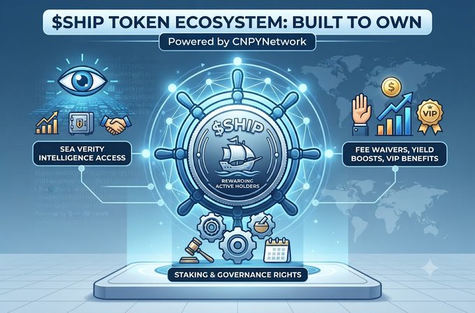 An infographic for the '$SHIP TOKEN ECOSYSTEM: BUILT TO OWN' powered by CNPYNetwork, highlighting features like Sea Verity Intelligence Access, Staking & Governance Rights, and Fee Waivers.