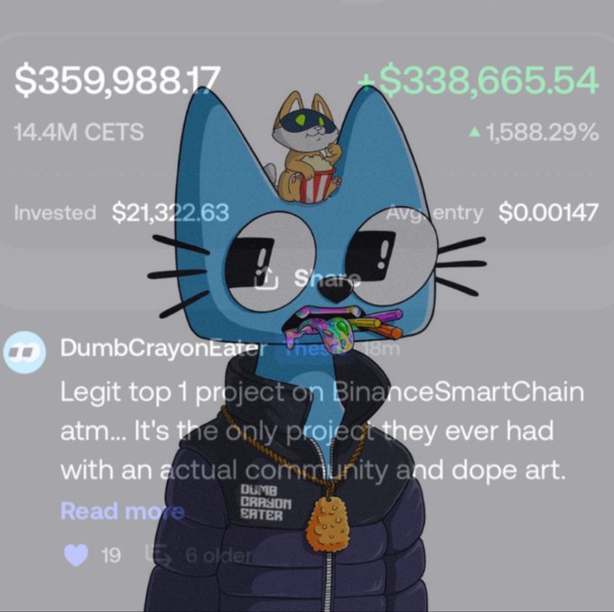 A meme featuring a cartoon blue cat character wearing a jacket with a cookie necklace, overlaid on a cryptocurrency portfolio showing a balance of $359,988.17 (+$338,665.54, up 1,588.29%) with 14.4M CETS invested at $21,322.63, along with a tweet from DumbCrayonEater calling it 'Legit top 1 project on BinanceSmartChain atm.'
