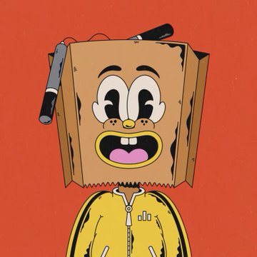 A cartoon character with a brown paper bag over its head, featuring a drawn-on smiling face, wears a yellow hoodie against a solid orange background.