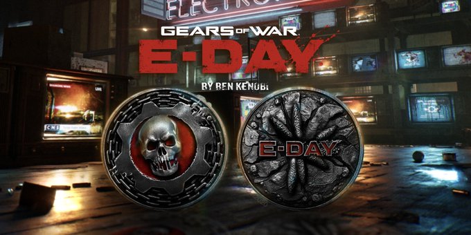 This image features two coins designed with "Gears of War E-Day" branding and a skull emblem on one side and a Locust-themed design on the other. The coins are presented in a setting with multiple screens displaying a news broadcast and the "Gears of War E-Day" title.
