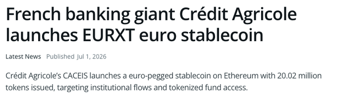 A news headline reading 'French banking giant Crédit Agricole launches EURXT euro stablecoin,' with a subheading noting CACEIS's 20.02 million tokens issued on Ethereum for institutional and tokenized fund access.