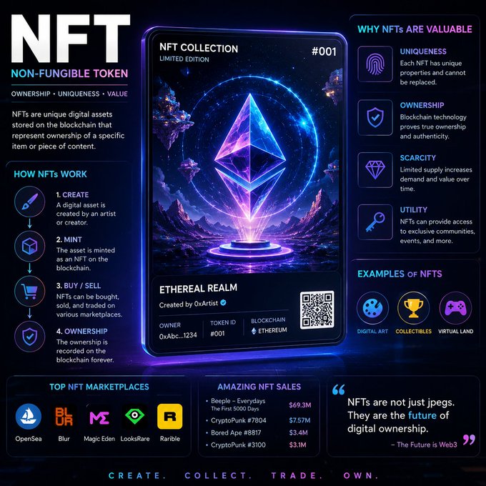 An infographic explaining Non-Fungible Tokens (NFTs), covering their uniqueness, ownership, scarcity, and utility, featuring an 'Ethereal Realm' NFT collection card and notable sales like Beeple's 'Everydays' for $69.3M.