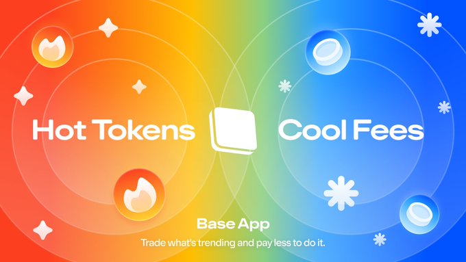 A promotional graphic for Base App featuring "Hot Tokens" on an orange-red flame side and "Cool Fees" on a blue snowflake side, with the tagline "Trade what's trending and pay less to do it," visually reinforcing the announcement of 50% off swap fees on trending tokens across Base, Solana, and Robinhood Chain.
