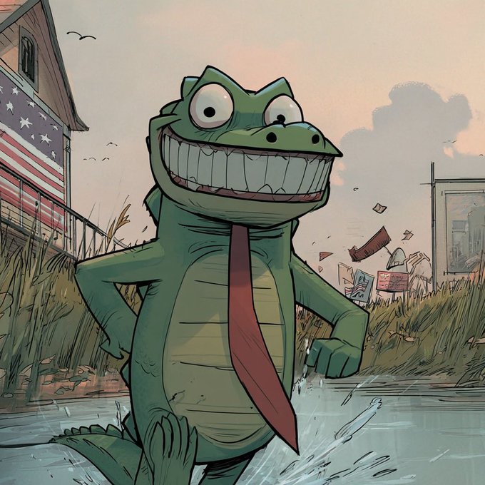 A cartoon illustration of a green crocodile or alligator wearing a red tie, standing with its hands on its hips and grinning widely in a swampy setting.