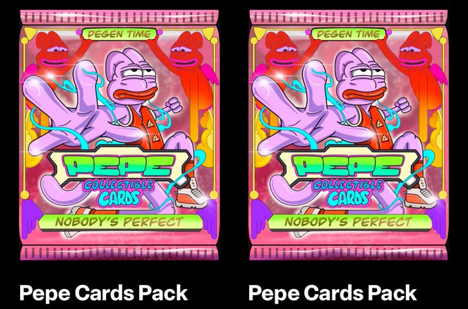 In the image, there are two different sets of cards for a game called "Pepe" that features cartoon characters. The cards have been printed with pink and purple colors, giving them a vibrant appearance. One set of cards has a purple background with a cartoon character on it, while the other set has a pink background featuring a cartoon character. Both sets are labeled as "Pepe Cards" and "nobody's perfect". They appear to be collector's edition cards, suggesting that they might have limited availability or special value due to their unique design and content.