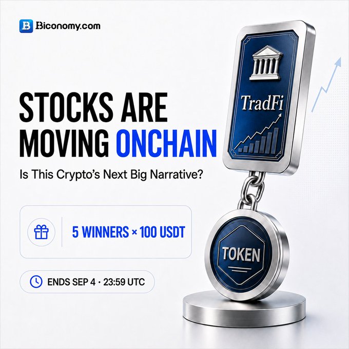 A Biconomy.com promotional banner reading 'STOCKS ARE MOVING ONCHAIN - Is This Crypto's Next Big Narrative?' featuring a TradFi token and offering '5 WINNERS × 100 USDT' ending Sep 4.
