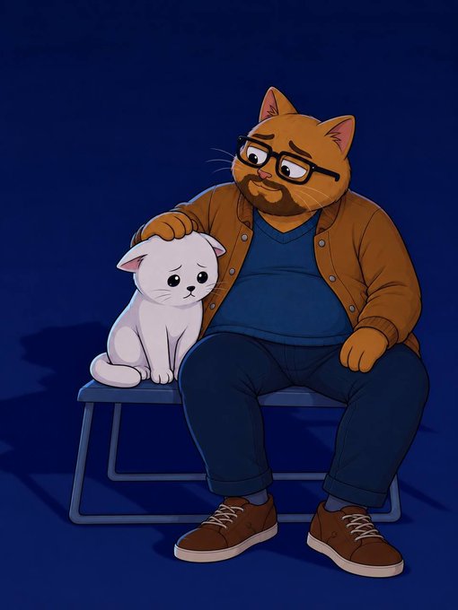 A digital illustration of a brown, bearded cat with glasses wearing a brown jacket and blue shirt, sitting on a blue stool and resting a paw on a small white cat beside him.