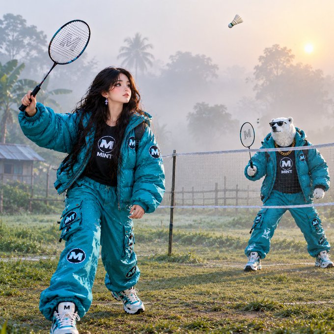 A young woman and an anthropomorphic polar bear wearing sunglasses, both dressed in matching teal puffer jackets and pants with 'M' logos, playing badminton on a misty outdoor court.