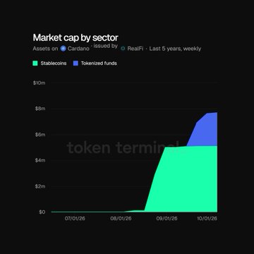 The image is a "Market cap by sector" chart from Token Terminal showing Cardano ($ADA) assets on the Cardano network, issued by RealFi, over the last 5 years weekly. The chart displays two categories—Stablecoins (green) and Tokenized funds (blue)—with stablecoins climbing to around $5m and tokenized funds adding roughly $2m by October 2026, suggesting the #RaceToABillion is still in its early growth phase as market capitalization remains in the single-digit millions.