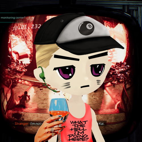 The image shows a stylized anime-like character wearing an 8-ball cap and a tank top reading "WHAT DO I TELL THEM DOING HERE?" while holding a wine glass, set against a red-tinted surveillance camera feed showing "m0nitoring center?" and timestamp "08:21 232". This appears to be promotional artwork for an NFT collection mint on OpenSea, with the aesthetic and "regarded" meme reference tying into the crypto/NFT community theme.