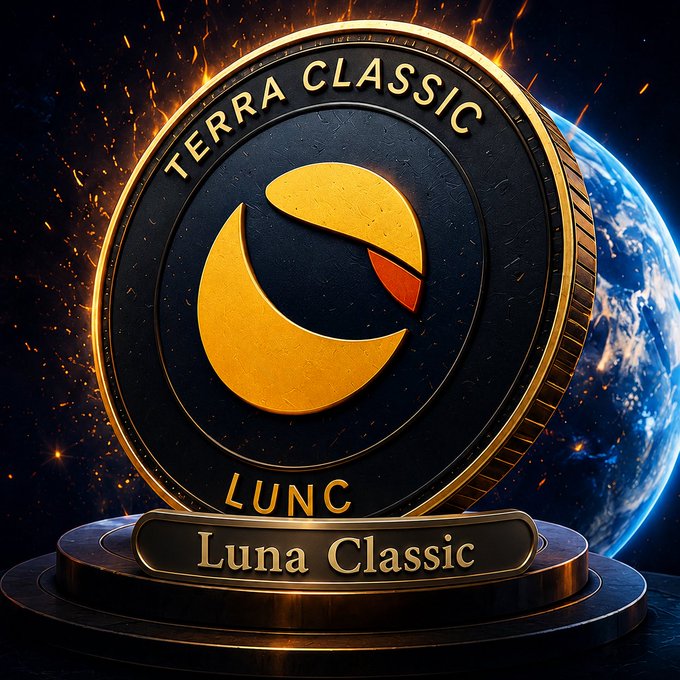 A stylized digital render of a "Terra Classic" (LUNC) coin with a glowing golden crescent logo, displayed on a pedestal against a cosmic backdrop featuring Earth, with "LUNC" and "Luna Classic" inscribed on its face—visually reinforcing the post's reference to the cryptocurrency's ongoing ecosystem development and stable trading activity.