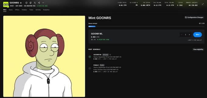 Screenshot of a crypto website displaying the 'GOONRS' token page, featuring a cartoon character with a ram's head and a 'Mint GOONRS' section showing mint schedule details.