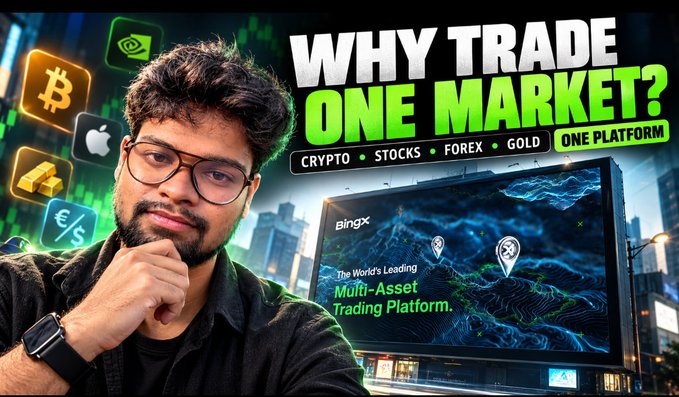 A YouTube thumbnail featuring a man with the text 'WHY TRADE ONE MARKET?' promoting BingX as a multi-asset trading platform for crypto, stocks, forex, and gold.