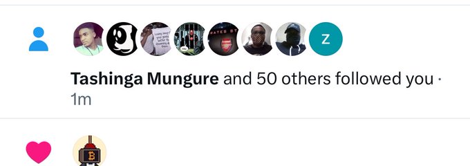 A LinkedIn-style notification showing profile pictures of new followers, with the text "Tashinga Mungure and 50 others followed you · 1m," aligning with the post celebrating 50 new followers joining the community.