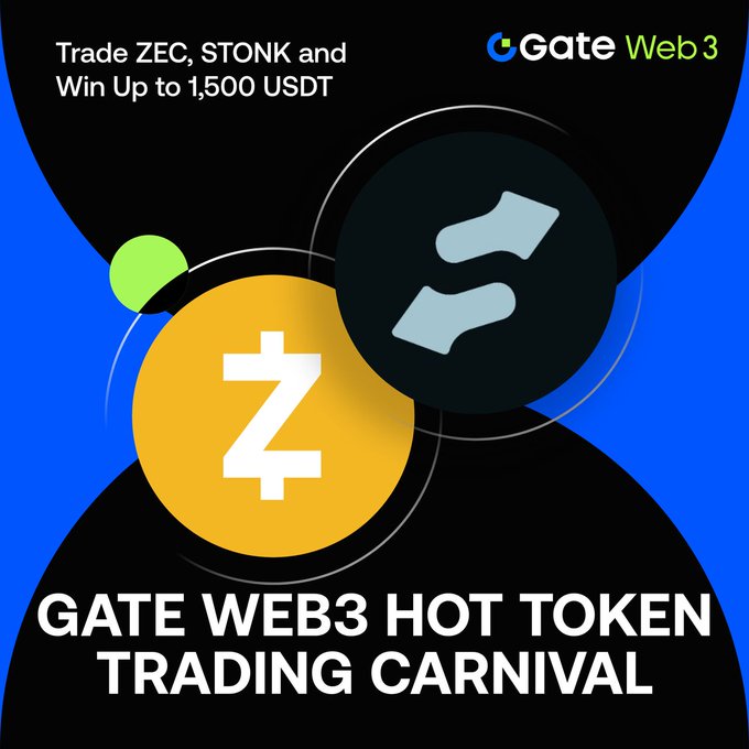 A promotional graphic for Gate Web3 advertising a "Hot Token Trading Carnival" to trade ZEC, STONK and win up to 1,500 USDT, featuring cryptocurrency logos.