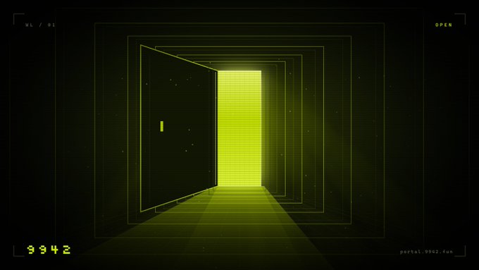 A stylized graphic depicts an open door leading to a glowing yellow-green portal, with the text "XL / 01" in the top left, "OPEN" in the top right, "3942" in the bottom left, and "portal.3942.fun" in the bottom right.