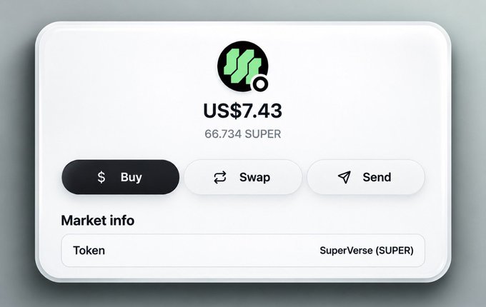 The image shows a digital wallet card displaying SuperVerse (SUPER) token holdings of 66.734 SUPER valued at US$7.43, featuring Buy, Swap, and Send action buttons, which visually corresponds to the post's announcement of receiving $7.43 worth of SUPER tokens as rewards from completing the SuperVerse Carnival quests on Startale.