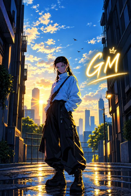 A young woman stands confidently on a wet city street at sunset, with a glowing "GM" neon sign above her, tying into the post's "GM GM" greeting. The futuristic urban setting reflects the crypto theme, as the post highlights Beldex Coin's expanding wallet utility through integrations like QuickEx swaps and SWFT.