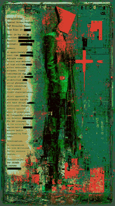An unclassified document from the Special Access Program titled 'OAP Encounter Report' dated 24 May 2011, overlaid with glitchy red and green horizontal line artifacts.