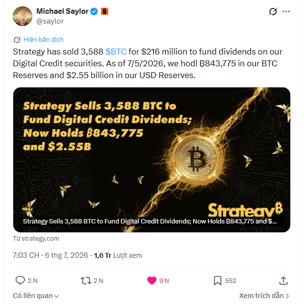 A tweet from Michael Saylor (@saylor) announces that Strategy has sold 3,588 BTC (~$216M) to fund Digital Credit dividends, holding 843,775 BTC and $2.55B as of 7/5/2026, with the accompanying post framing the small ~0.5% sell-off as routine operations rather than a cause for concern.
